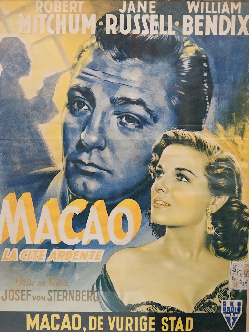 Six framed Belgian Robert Mitchum movie lobby posters, tallest 34cms wide x 52cms high